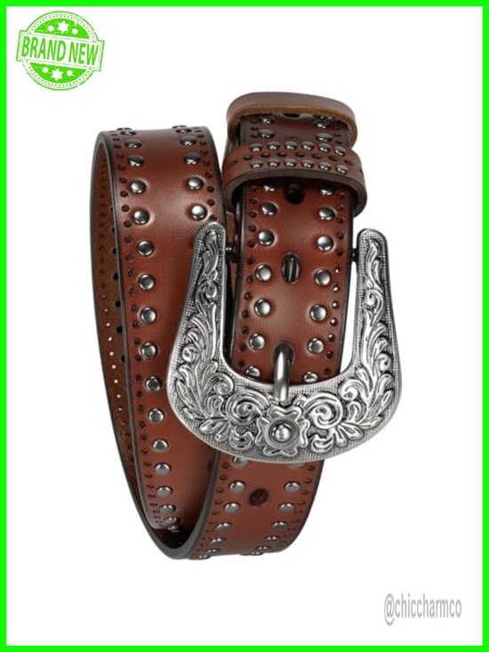 Western Leather Belt - Studded Vintage Silver Buckle for Jeans & Boho main image 5